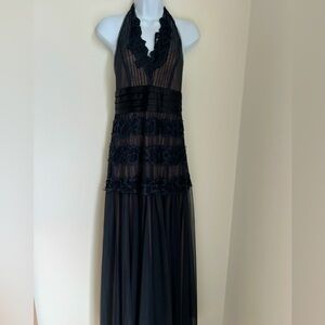BCBG Maxazria Navy Plated Halter Gown
